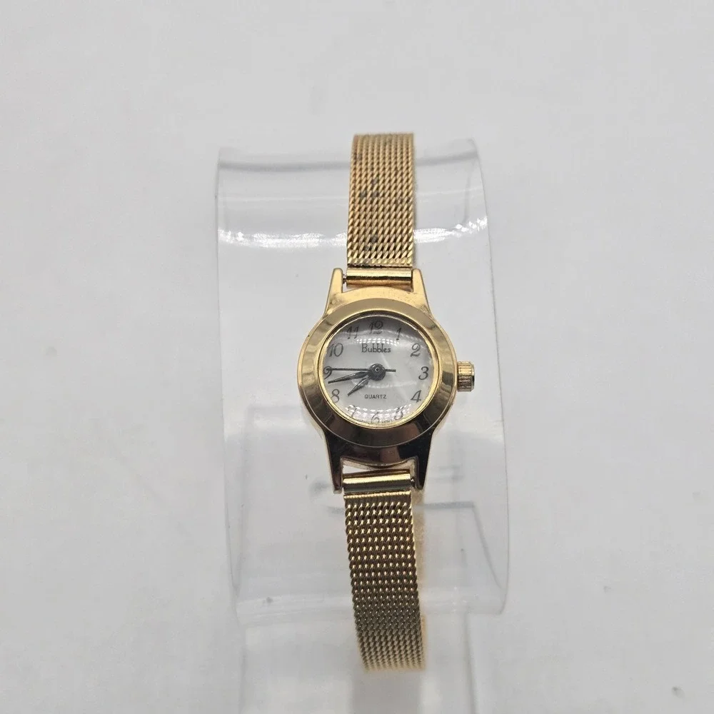 Vintage Bubbles Gold Tone Watch Quartz, New Battery, Working, Mesh Band